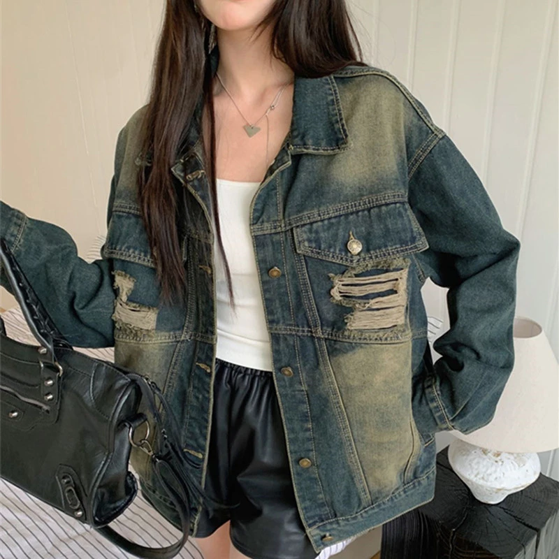 复古做旧破洞牛仔外套女设计感宽松中长款长袖上衣休闲百搭显瘦