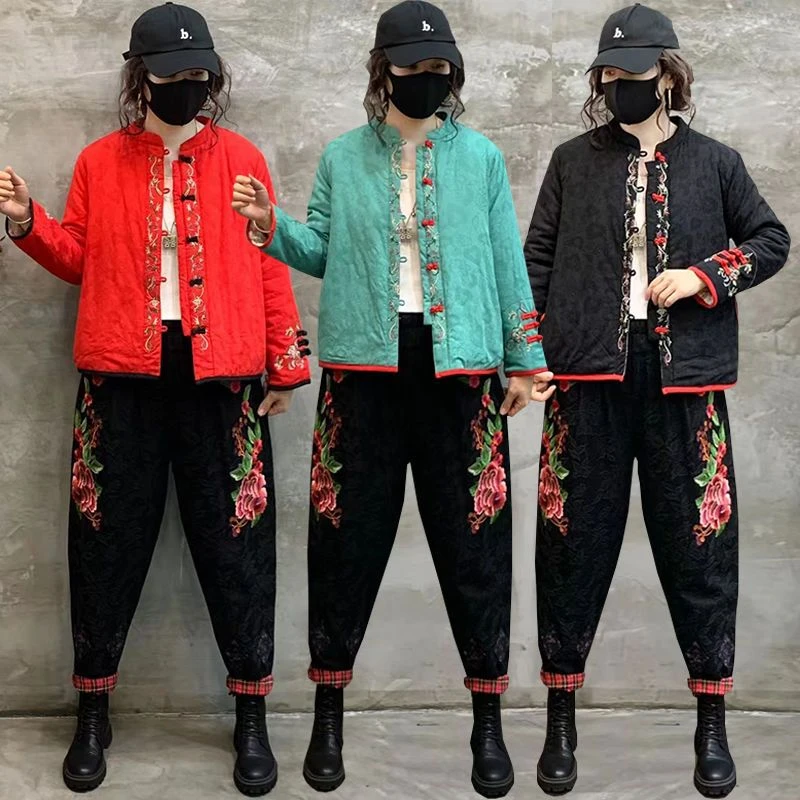 民族风绣花棉衣女短款冬季宽松夹棉盘扣复古棉服外套灯笼裤两件套