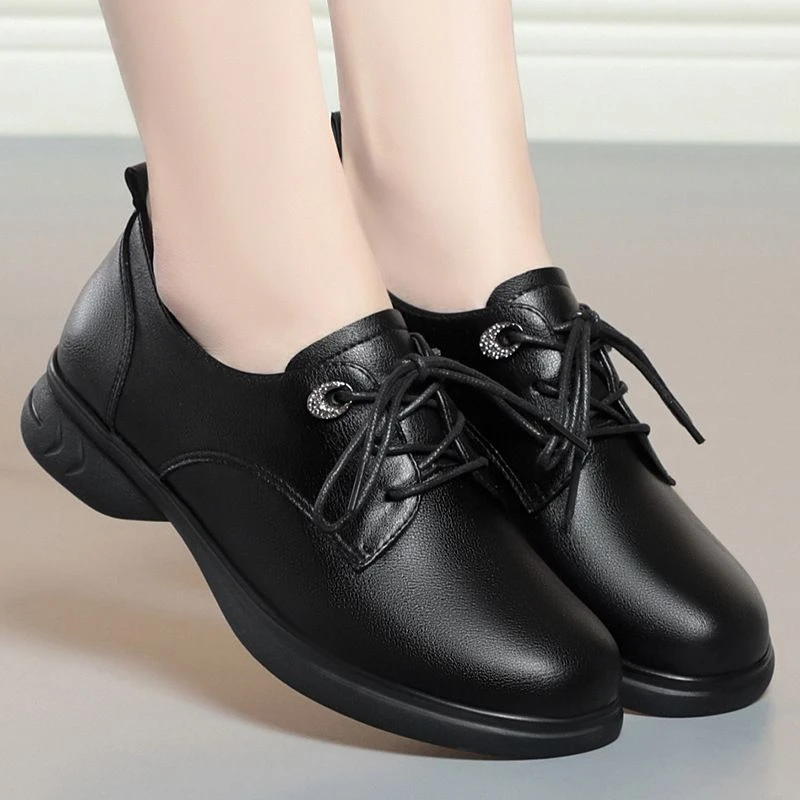 黑色皮鞋女系带休闲低跟平底女鞋软底舒适上班春秋单鞋黑色工作鞋