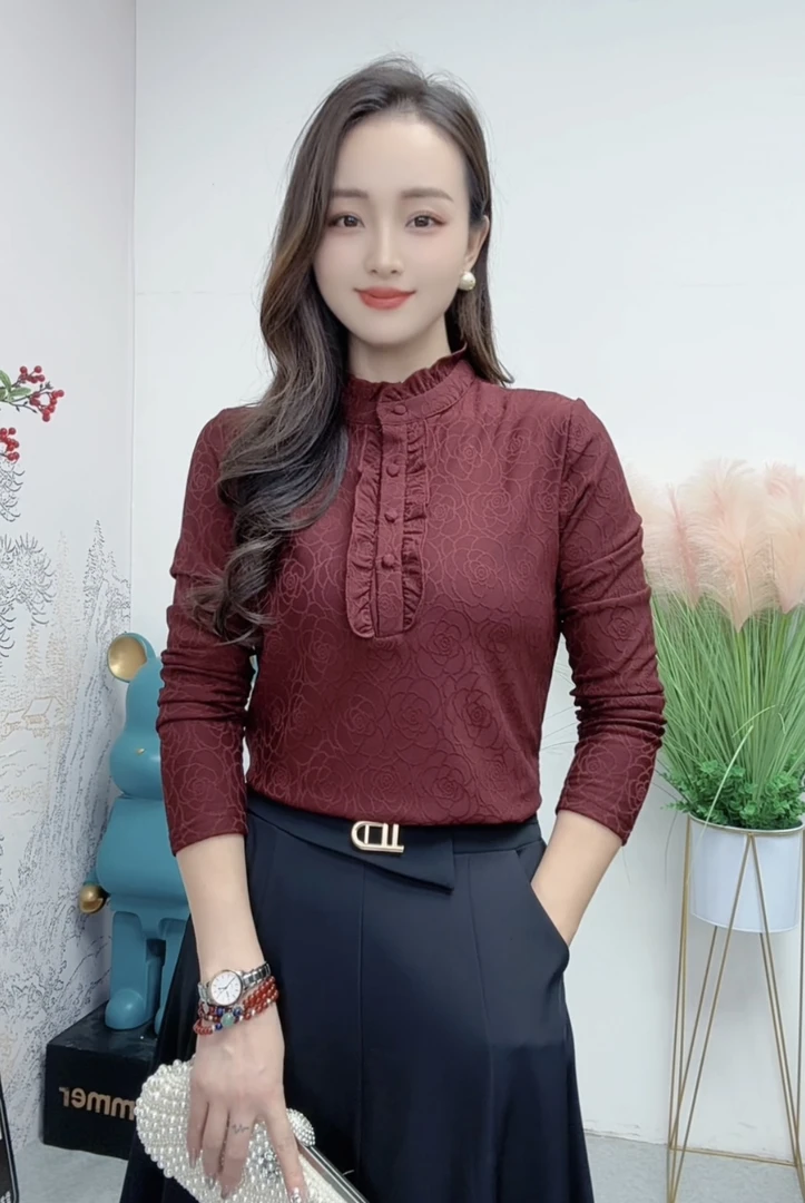 2024秋冬新款时尚百搭洋气显瘦遮肉减龄女士长袖衬衫薄绒小衫上衣