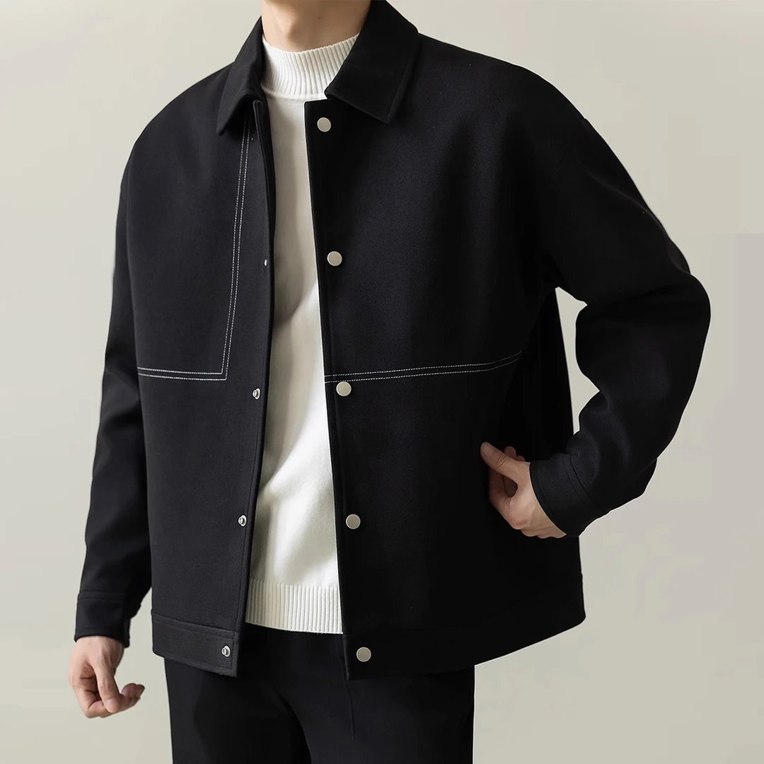春秋季韩版轻熟风男短款毛呢夹克秋季时尚翻领男款高级休闲男外套
