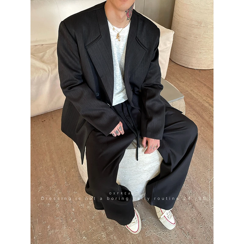 OXFREAK 24FW「高级感 条纹肌理」黑色无领西装男宽松西服外套休闲