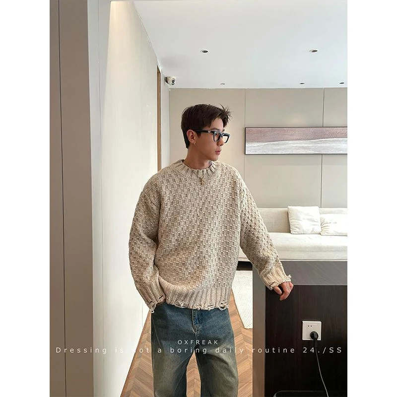 OXFREAK 24FW「编织提花 下摆破坏」高级感毛衣男秋冬保暖针织衫