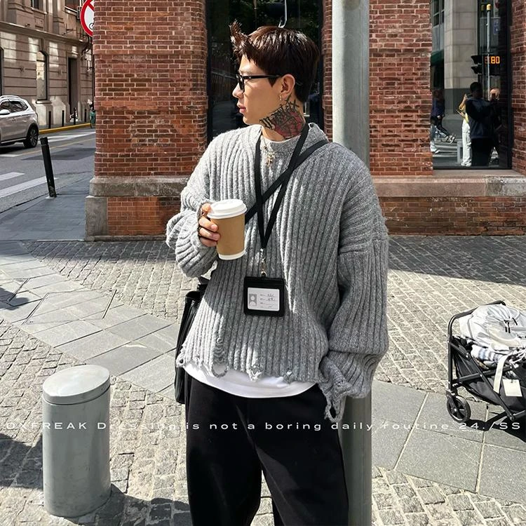 OXFREAK 24FW「粗条纹 下摆破坏」厚款软糯毛衣男秋冬韩系针织衫