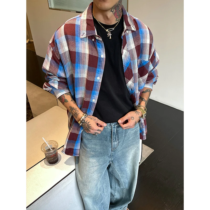 OXFREAK 24FW「兰红格 弧形下摆」秋季长袖衬衫男廓形休闲衬衣