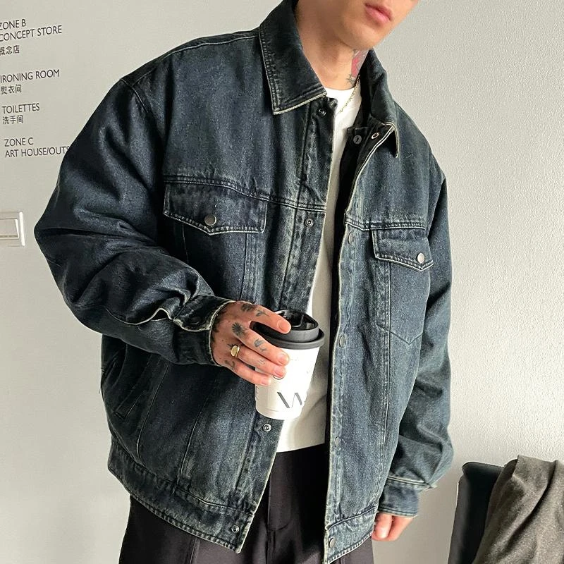 OXFREAK 「水洗乱纹 复古做旧」冬季牛仔羽绒服男宽松休闲外套