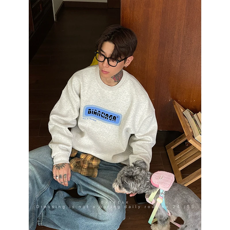 OXFREAK「植绒划线印花」秋冬季情侣款字母圆领加绒卫衣男休闲长袖