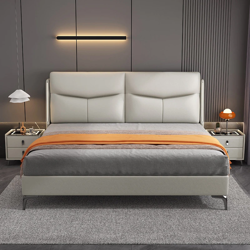 轻奢真皮床头层牛皮现代简约意式卧室极简1.5米1米8双人皮艺大床