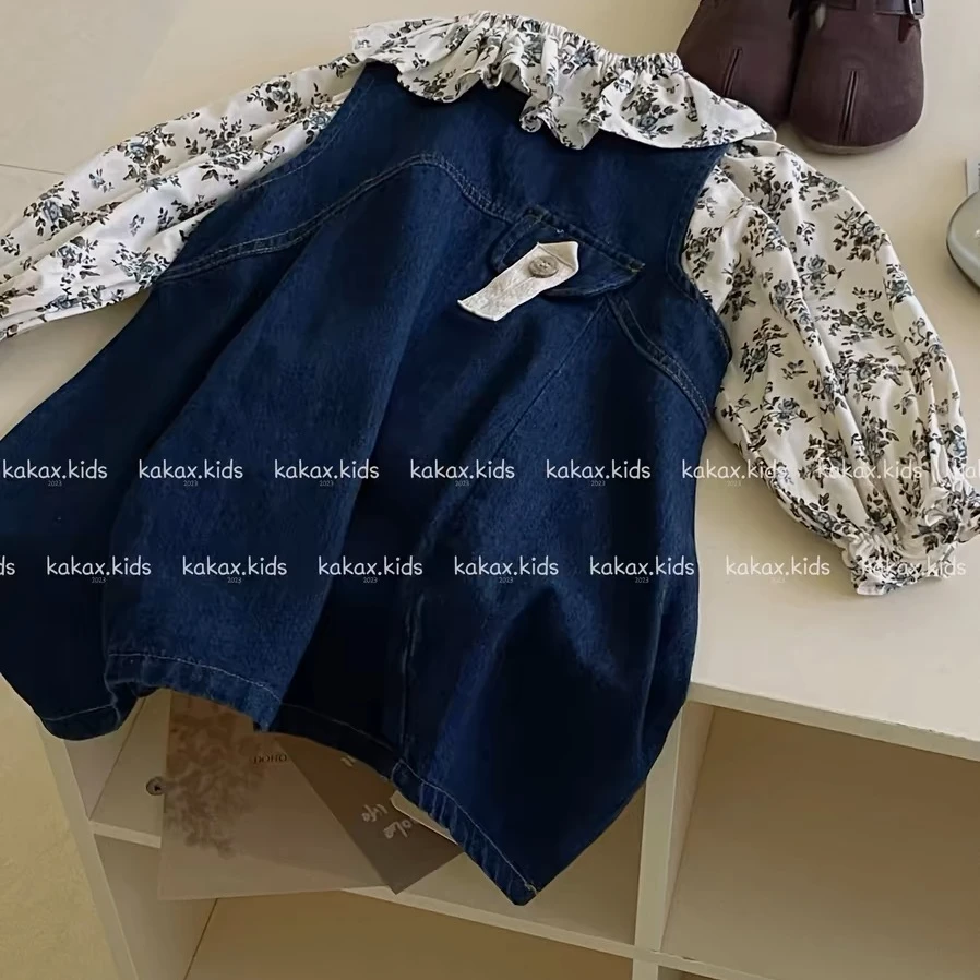 女童春秋季新品森系风休闲碎花娃娃衫配牛仔背心裙套装洋气复古