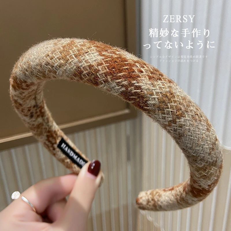 秋冬新款格纹毛呢海绵发箍女高级感时尚洋气宽边洗脸百搭头箍发饰