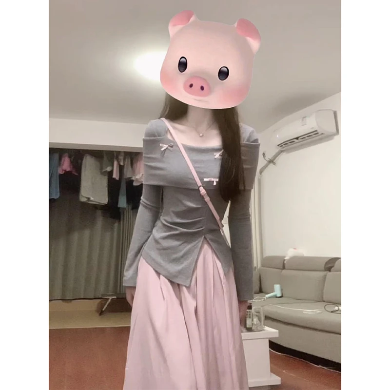 法式温柔风蓝色方领长袖t恤女秋季蝴蝶结一字领露肩绝美针织上衣