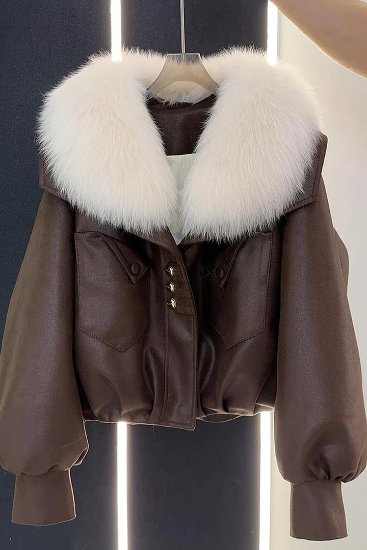 【现货】今年流行爆款欧韩货高端美拉德高级感棕色皮衣毛毛领外套女