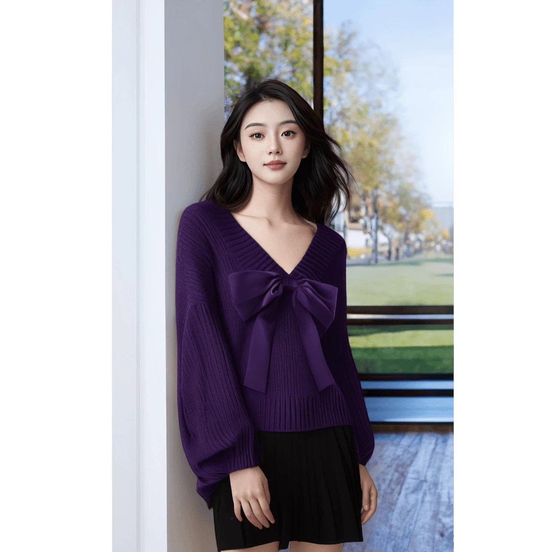 秋装女款紫色蝴蝶结针织百搭毛衣慵懒风2024年新款独特超好看上衣
