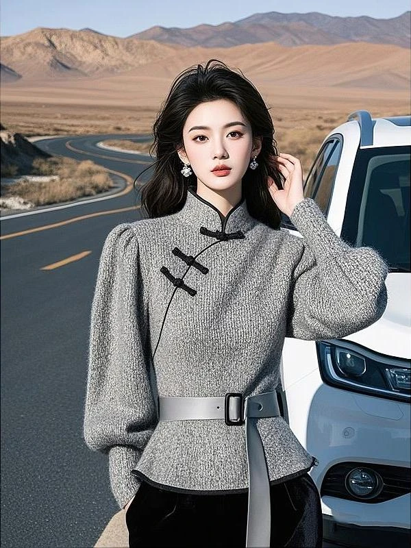 气质名媛高端针织上衣高级感新中式女装国风灰色盘扣毛衣女秋冬款