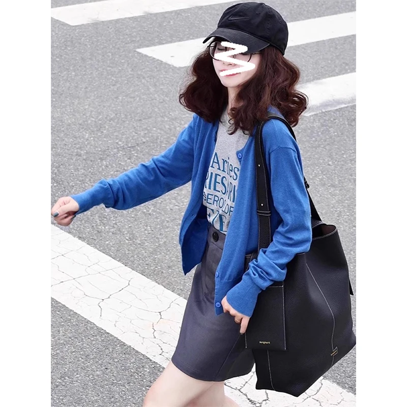春秋季2024新款小个子穿搭一整套克莱因蓝开衫上衣半身裙三件套女