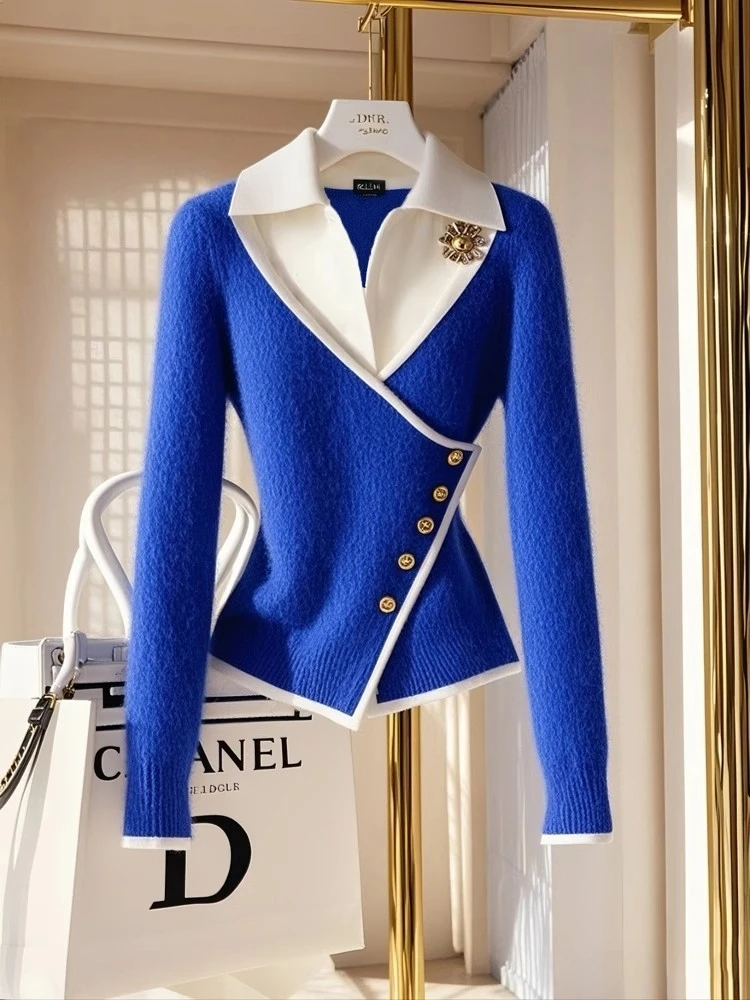 克莱因蓝假两件设计加厚毛衣冬季2024新款收腰独特漂亮针织衫上衣