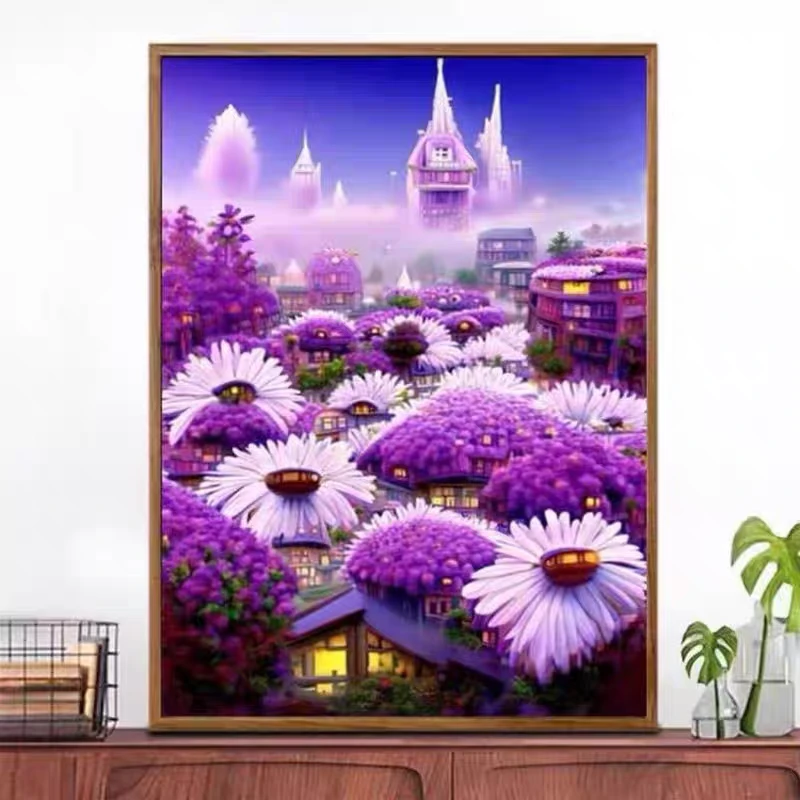 纯手工绣好的十字绣成品不带裱框 紫色花园梦幻城堡客厅餐厅挂画