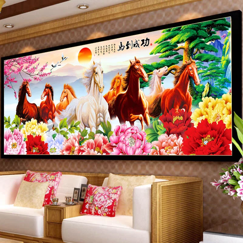 纯手工绣好的十字绣成品 新款马到成功富贵牡丹迎客松