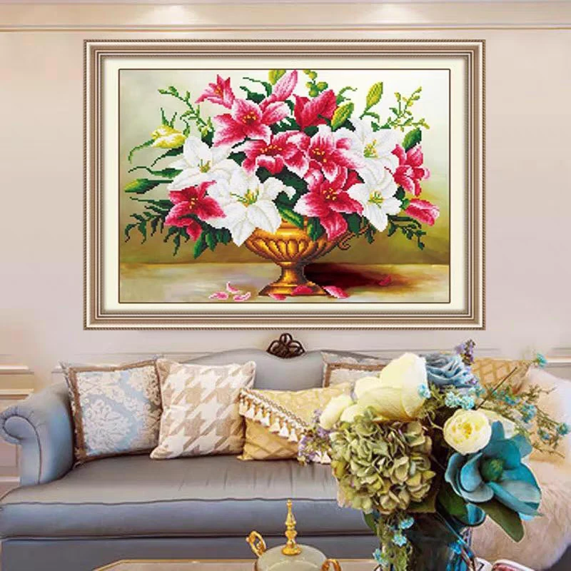 纯手工十字绣成品心语百合花瓶小幅餐厅卧室温馨简约人工挂画出售