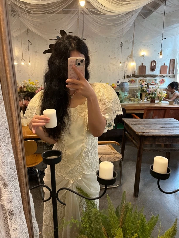 Vintage法式古董蕾丝裙方领连衣裙显瘦小众「默认微瑕 no退no换」