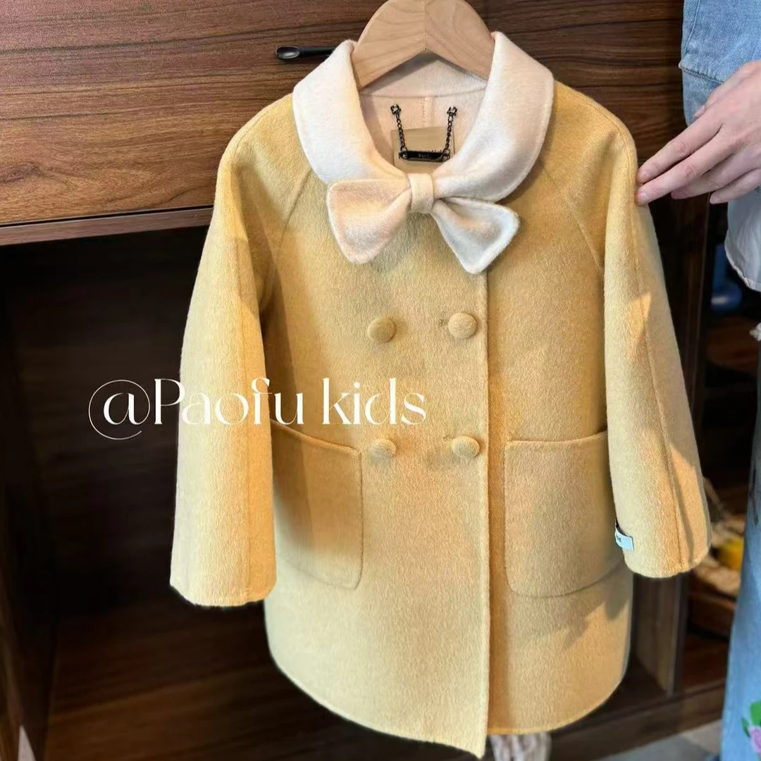 【现】 2024冬季新款小鸡黄女童双面纯手工绵羊毛大衣 DY241053