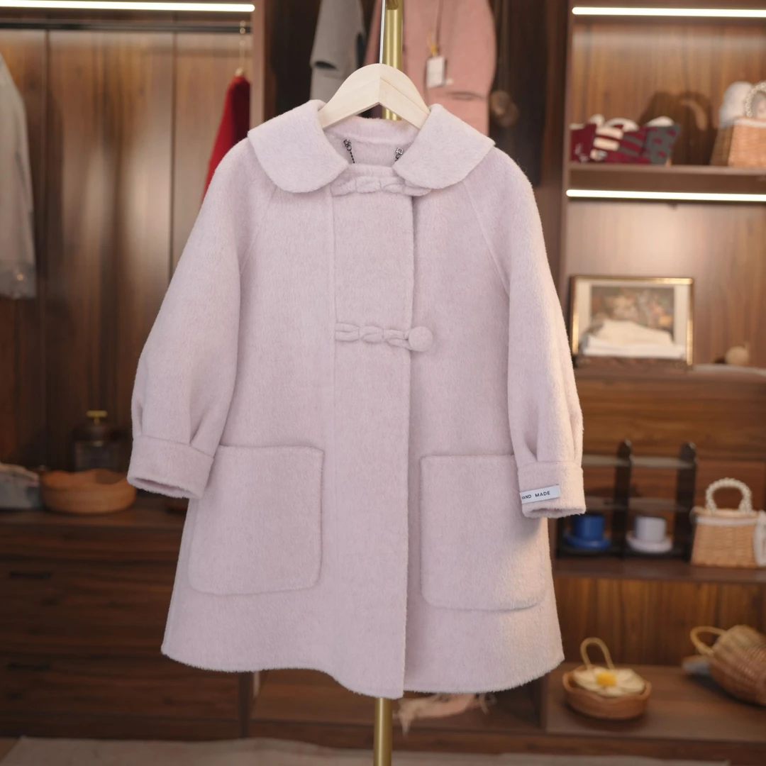 泡芙定制 2024冬季粉色女童双面纯手工绵羊毛大衣外套 DY241040