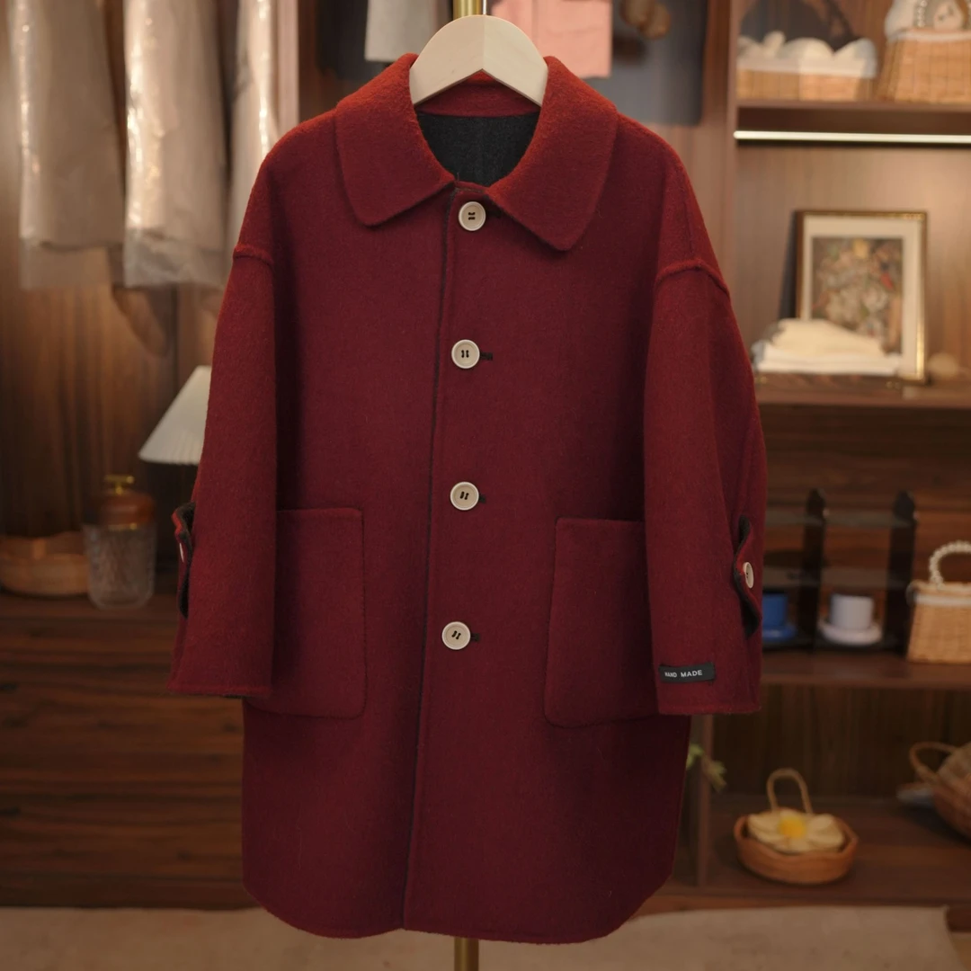 泡芙定制 双面双穿 2024冬季女童纯手工绵羊毛大衣套装 DY241132