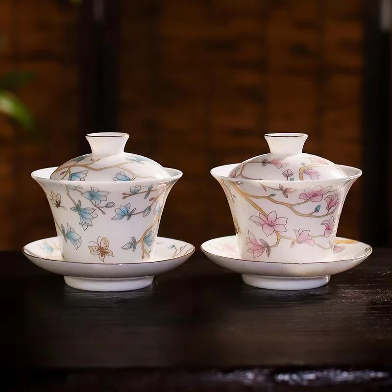 羊脂玉瓷盖碗高端手工浮雕玉兰花蝶恋花白瓷三才盖碗情侣陶瓷盖碗