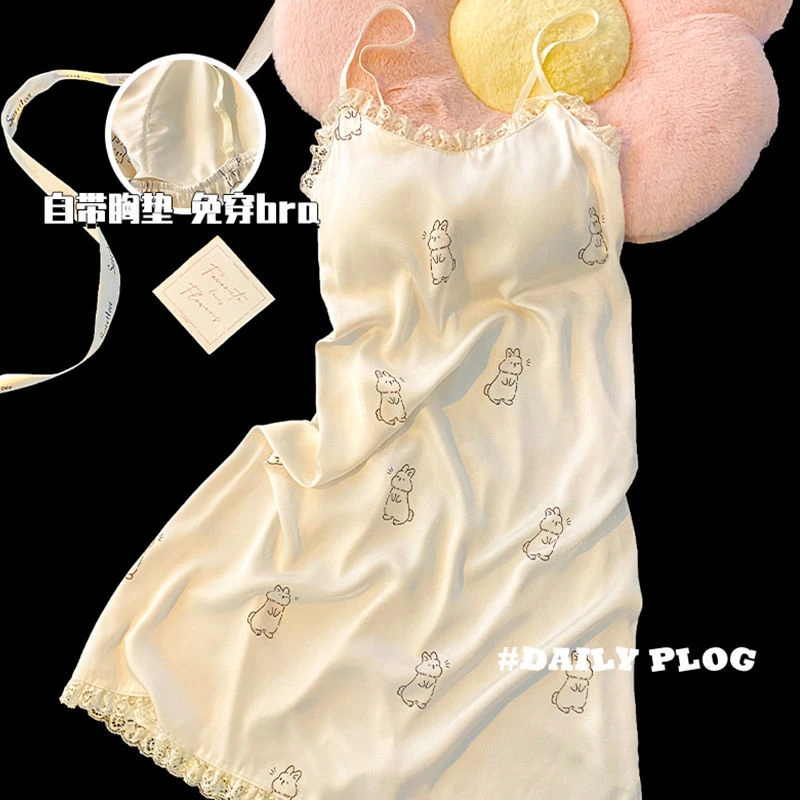 2024新款冰丝睡衣女夏季可爱卡通印花吊带睡裙荷叶边女士家居服装