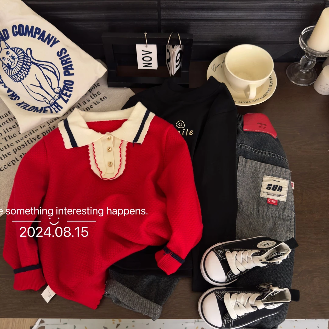 2024年新款女童翻领针织毛衣时尚简约大气中大童长袖毛衣红色百搭