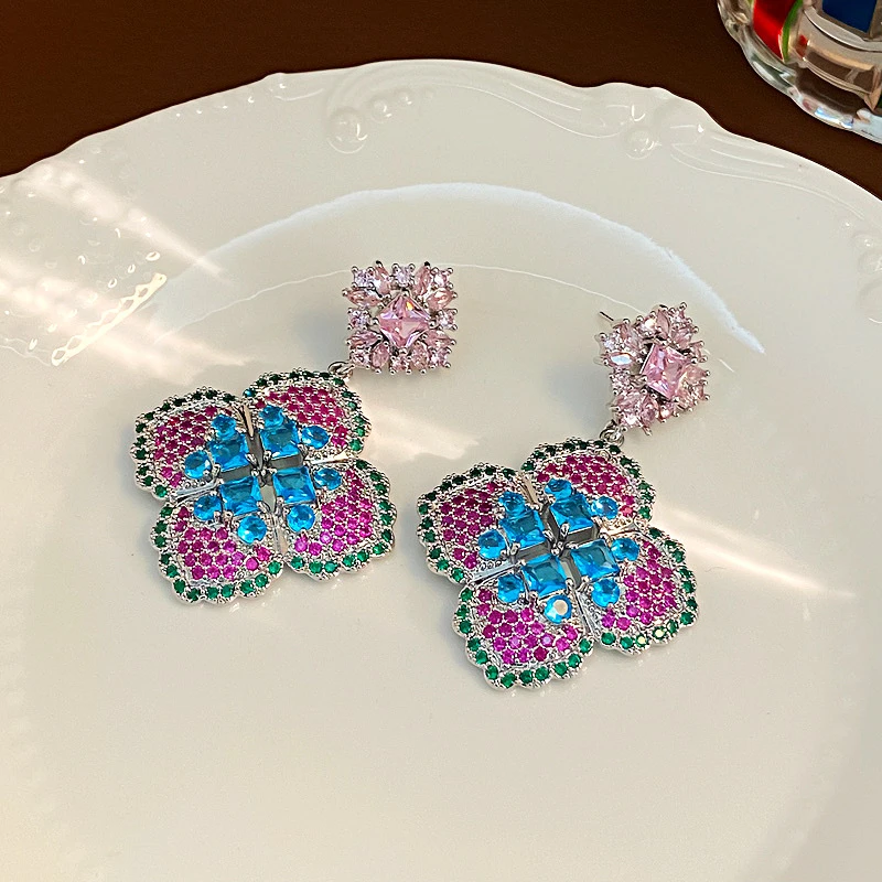 铜合金莫桑石耳饰 亚镶彩色锆石花朵耳环女轻奢时尚