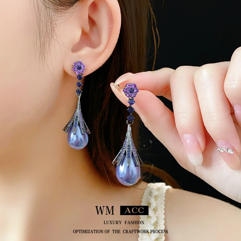 铜合金合成锆石耳饰 银针镶钻花朵耳环气质时尚