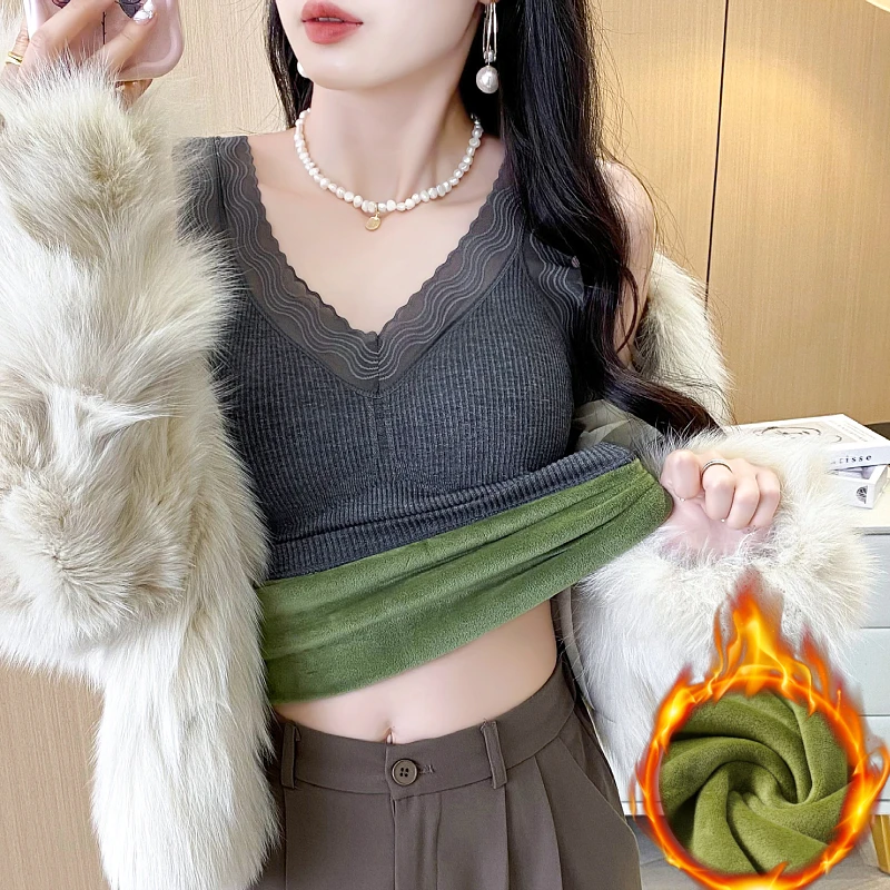 加绒保暖背心女带胸垫内搭打底衫2024新款小香风外穿加厚保暖衣