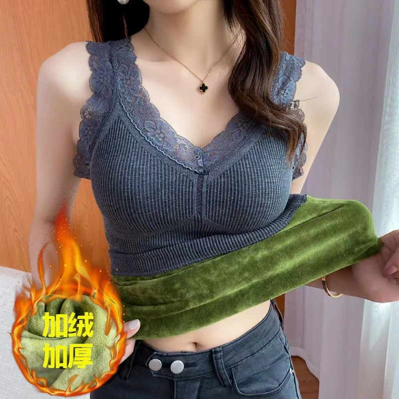 保暖加厚加绒背心女秋冬带胸垫蕾丝V领内搭吊带打底衫女上衣潮