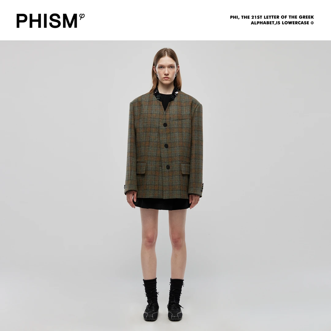 PHISM/PHISM复古格纹领口珠片花朵西服887J04