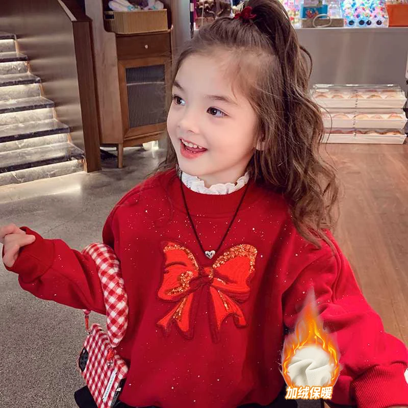 女童冬季加绒加厚卫衣一体绒打底衫男女宝宝半高领春秋保暖上衣