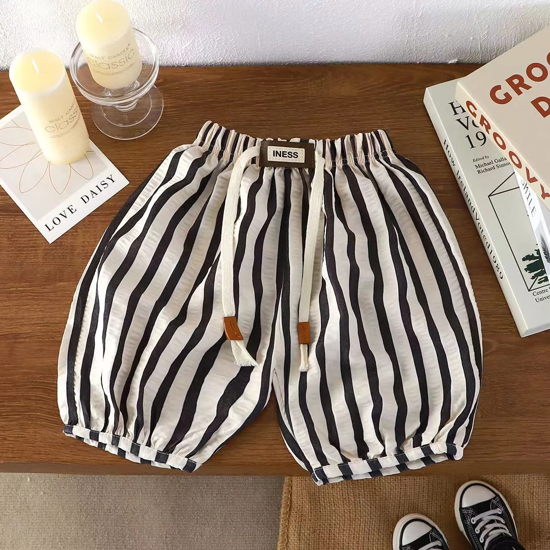 夏季儿童新款百搭宽松时尚洋气条纹透气薄款男女宝宝七分束腿裤潮