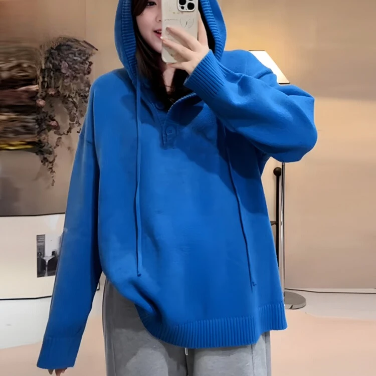 大码女装蓝色连帽毛衣针织衫秋冬新款胖mm宽松显瘦内搭打底衫上衣