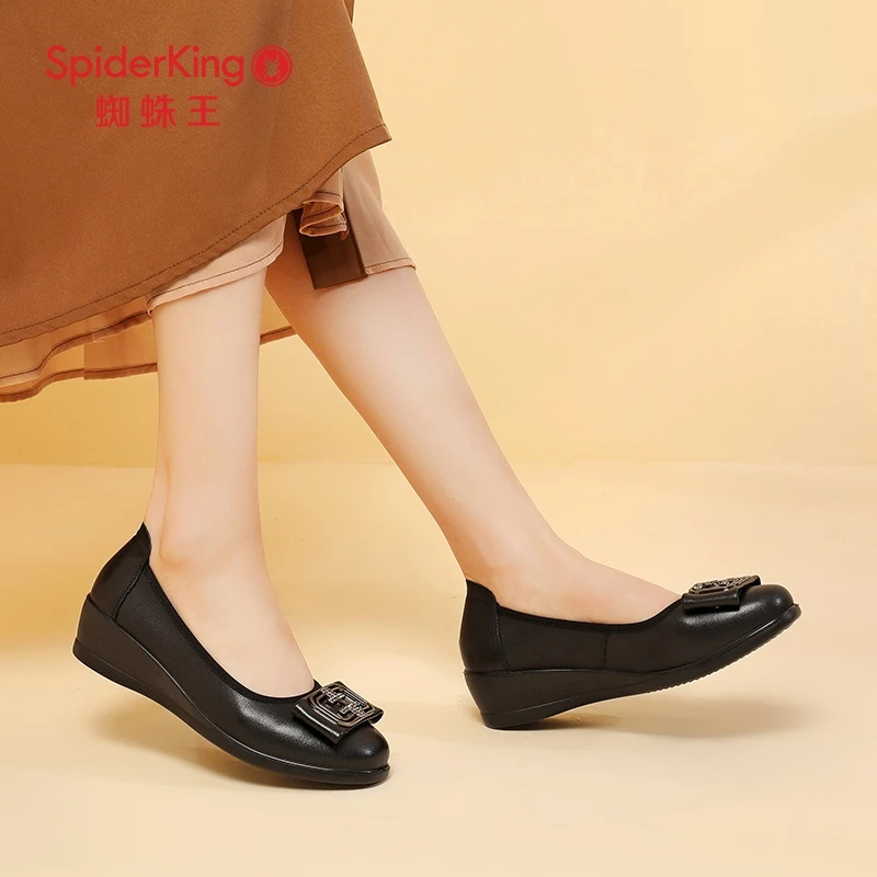 蜘蛛王坡跟女鞋软皮软底单鞋2023新款牛皮皮鞋女百搭黑色工作鞋子