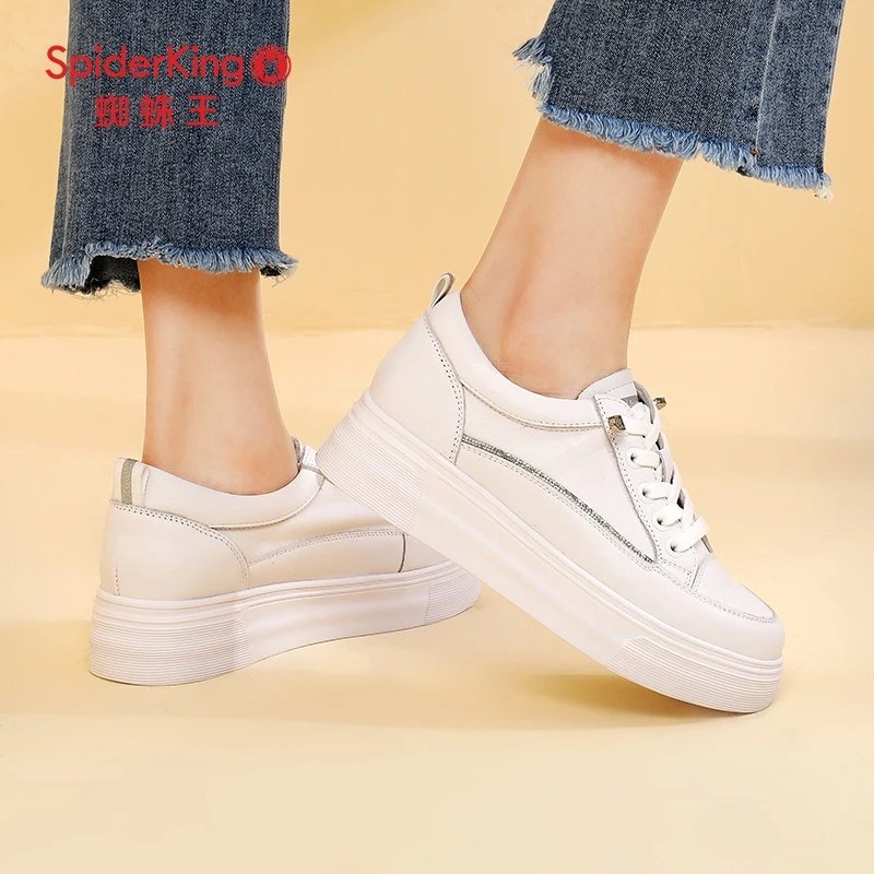蜘蛛王小白鞋女2023新款春季百搭板鞋厚底牛皮休闲时尚平底运动鞋