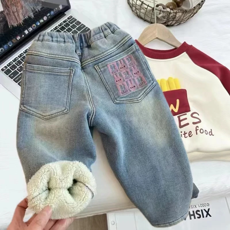 女童加绒牛仔裤冬装儿童一体羊驼绒牛仔裤女宝宝时髦韩版加厚裤子