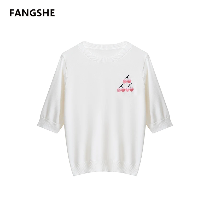 【小樱桃】圆领樱桃刺绣气质百搭简约短袖T恤A1872