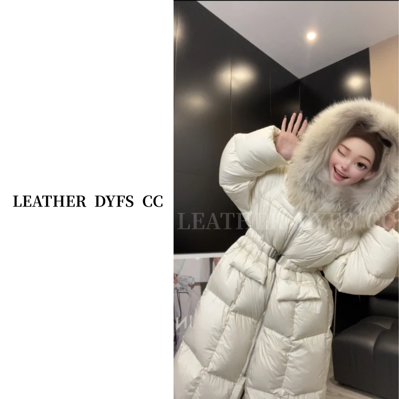 Leather Dyfs cc  “ 椰风白巧 ”  225460 长款收腰连帽鹅绒服外套