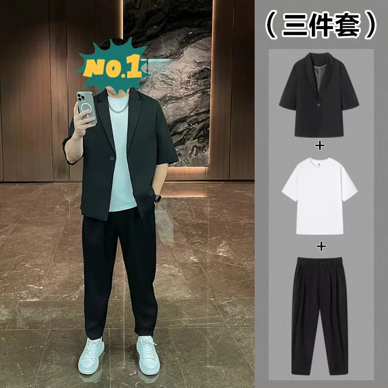 【三件套】 微胖男生显瘦穿搭夏季短袖西服套装男士大码半袖小西服