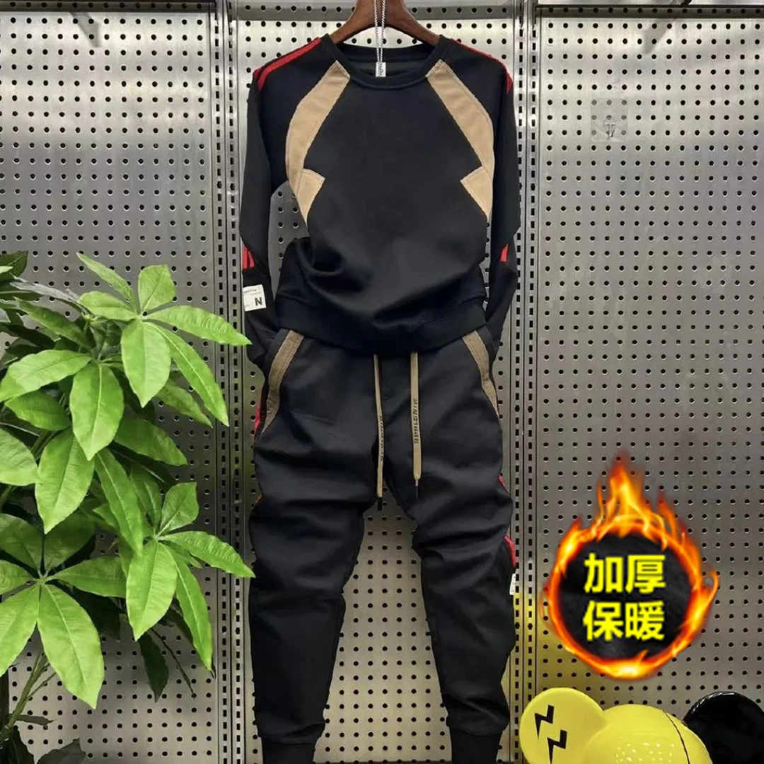 秋季新款男士运动套装宽松百搭拼接束脚休闲裤圆领卫衣长袖一整套
