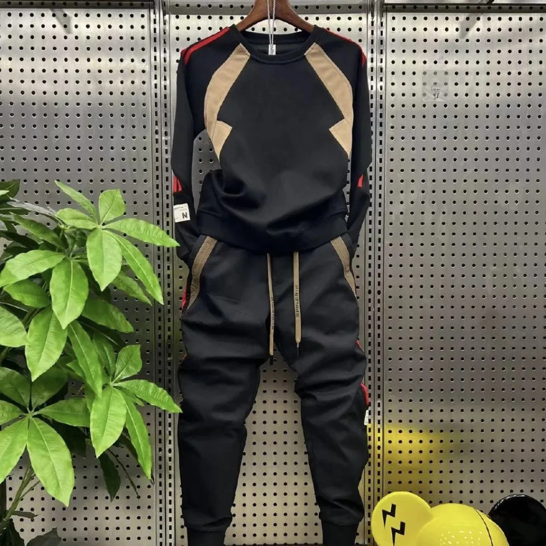 秋季新款男士运动套装宽松百搭拼接束脚休闲裤圆领卫衣长袖一整套