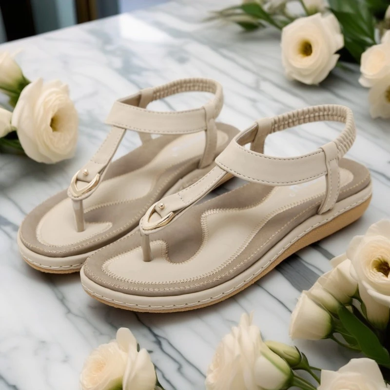 跨境夏季2024新款凉鞋女外贸金属大码搭扣绣线平底鞋批发一件代发