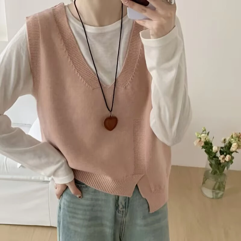 V领纯色百搭针织衫马甲宽松时尚无袖毛衣背心女Y99