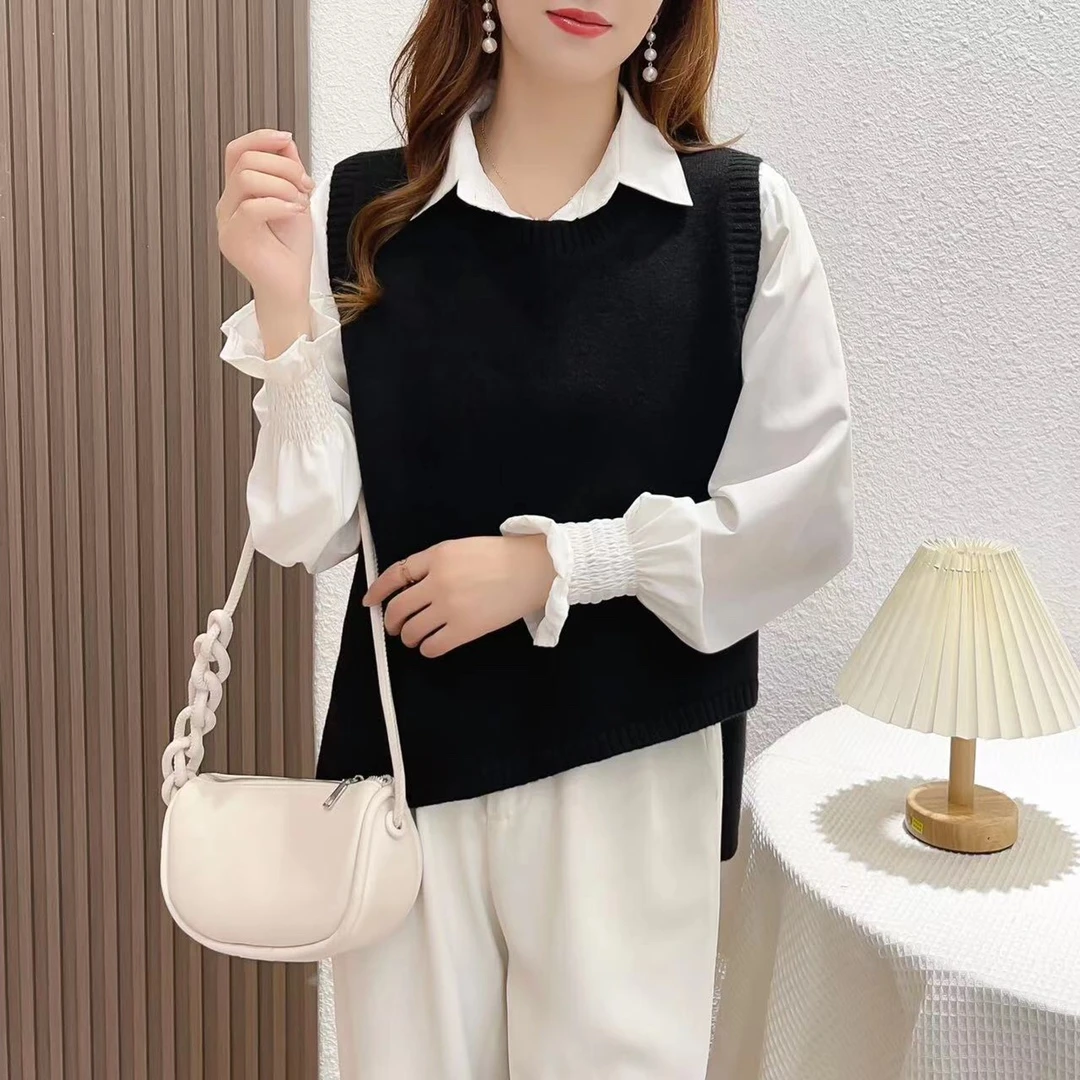 新品不规则针织马甲韩版宽松显瘦洋气圆领时髦毛衣背心上衣女y755