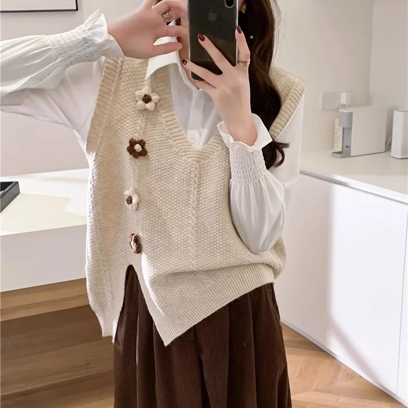 V领花朵开叉设计感秋季韩版宽松百搭针织马夹时尚毛衣背心J242